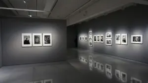 Nowoczesne wnętrze galerii sztuki z wiszącymi na ścianach oprawionymi fotografiami i odbiciami w podłodze.