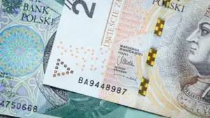 Zbliżenie na polskie banknoty, w tym banknot o nominale dwustu złotych.