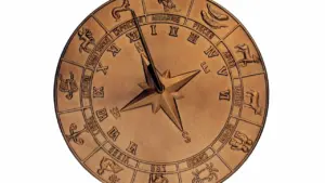 Złoty krążek z wygrawerowanymi symbolami znaków zodiaku na białym tle.